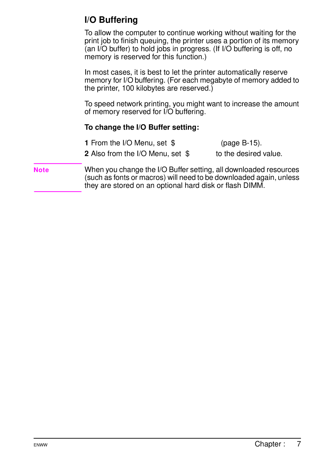 HP 5100tn, 5100dtn manual Buffering, To change the I/O Buffer setting 