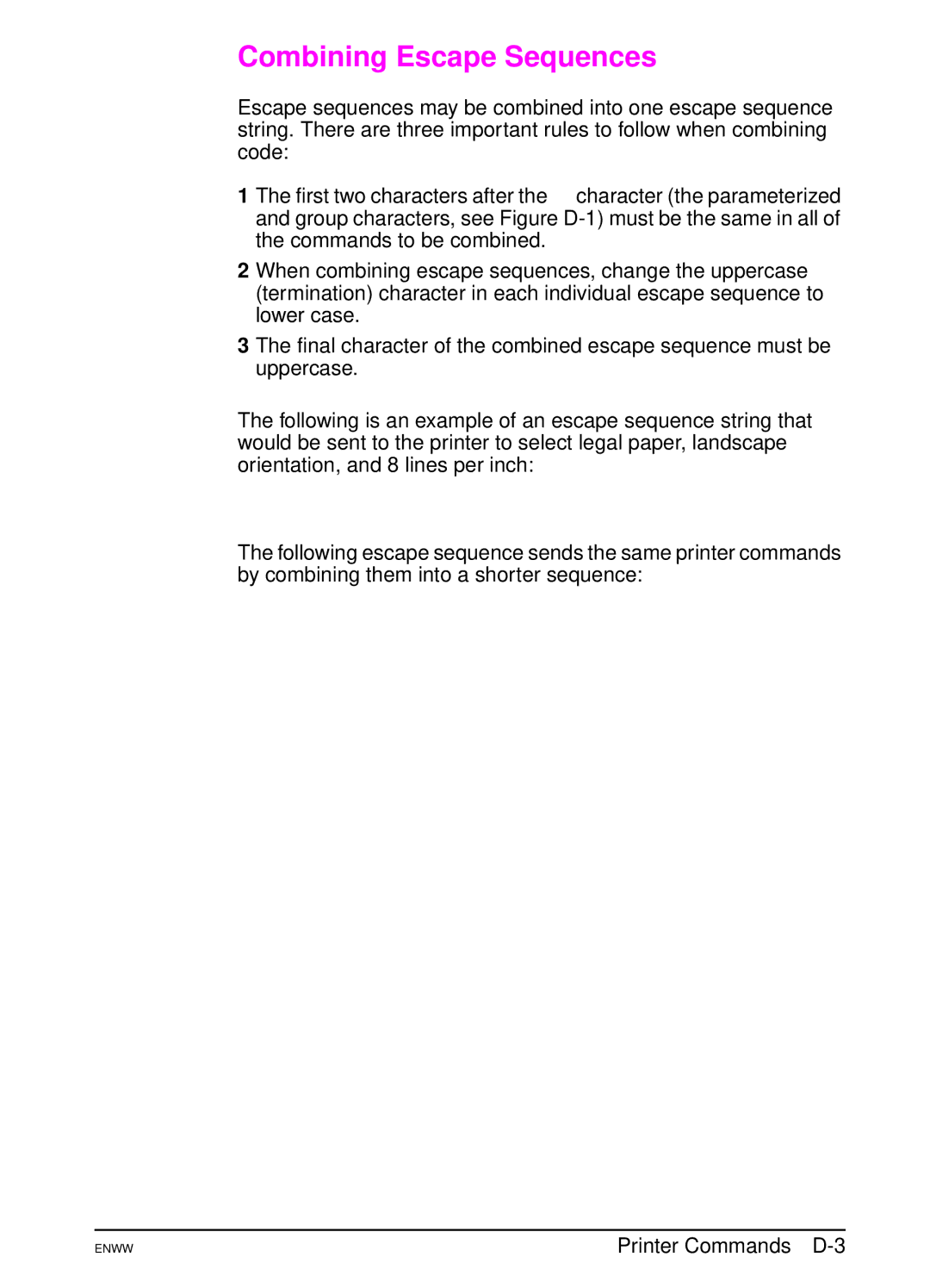 HP 5100tn, 5100dtn manual Combining Escape Sequences, ?&l3A?&l1O?&l8D, ?&l3a1o8D, Printer Commands D-3 