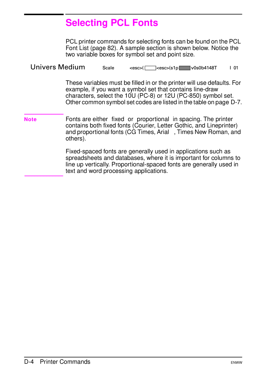 HP 5100dtn, 5100tn manual Selecting PCL Fonts, Example, if you want a symbol set that contains line-draw, Others 