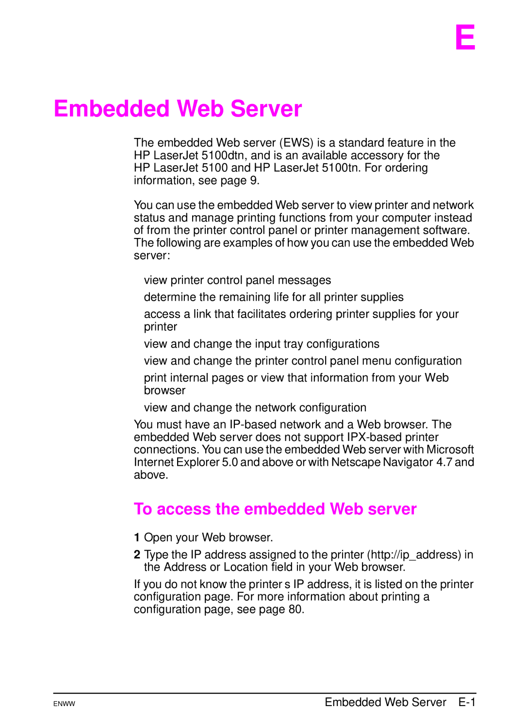 HP 5100tn, 5100dtn manual To access the embedded Web server, Embedded Web Server E-1 
