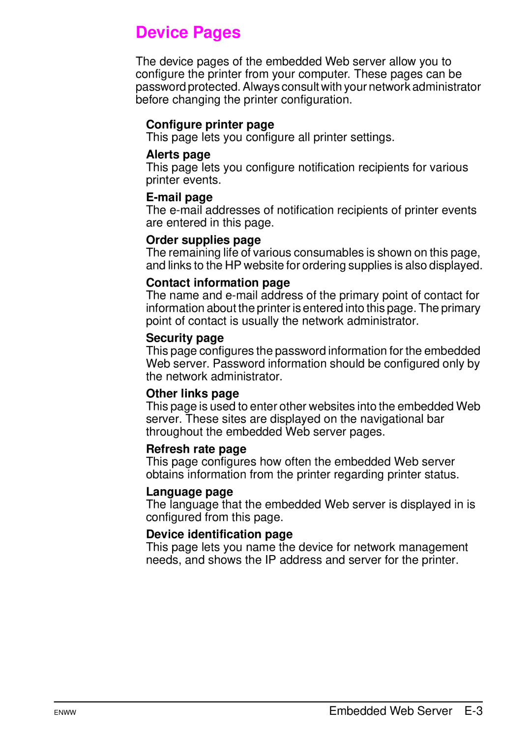 HP 5100tn, 5100dtn manual Device Pages 