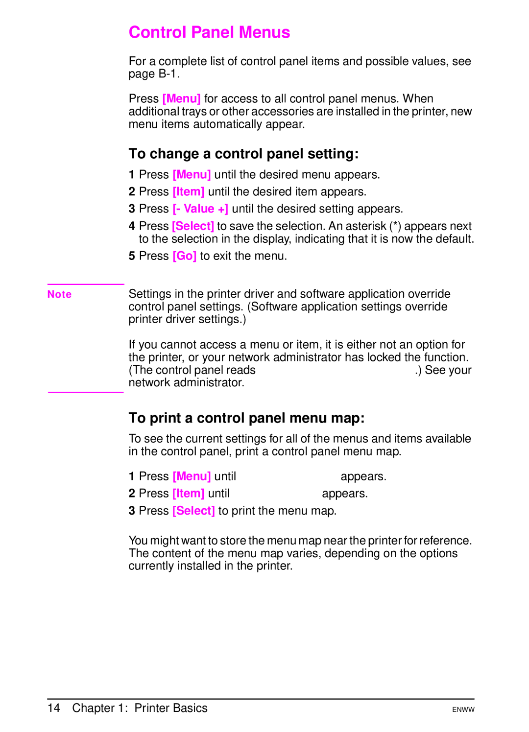 HP 5100dtn, 5100tn manual Control Panel Menus, To change a control panel setting, To print a control panel menu map 