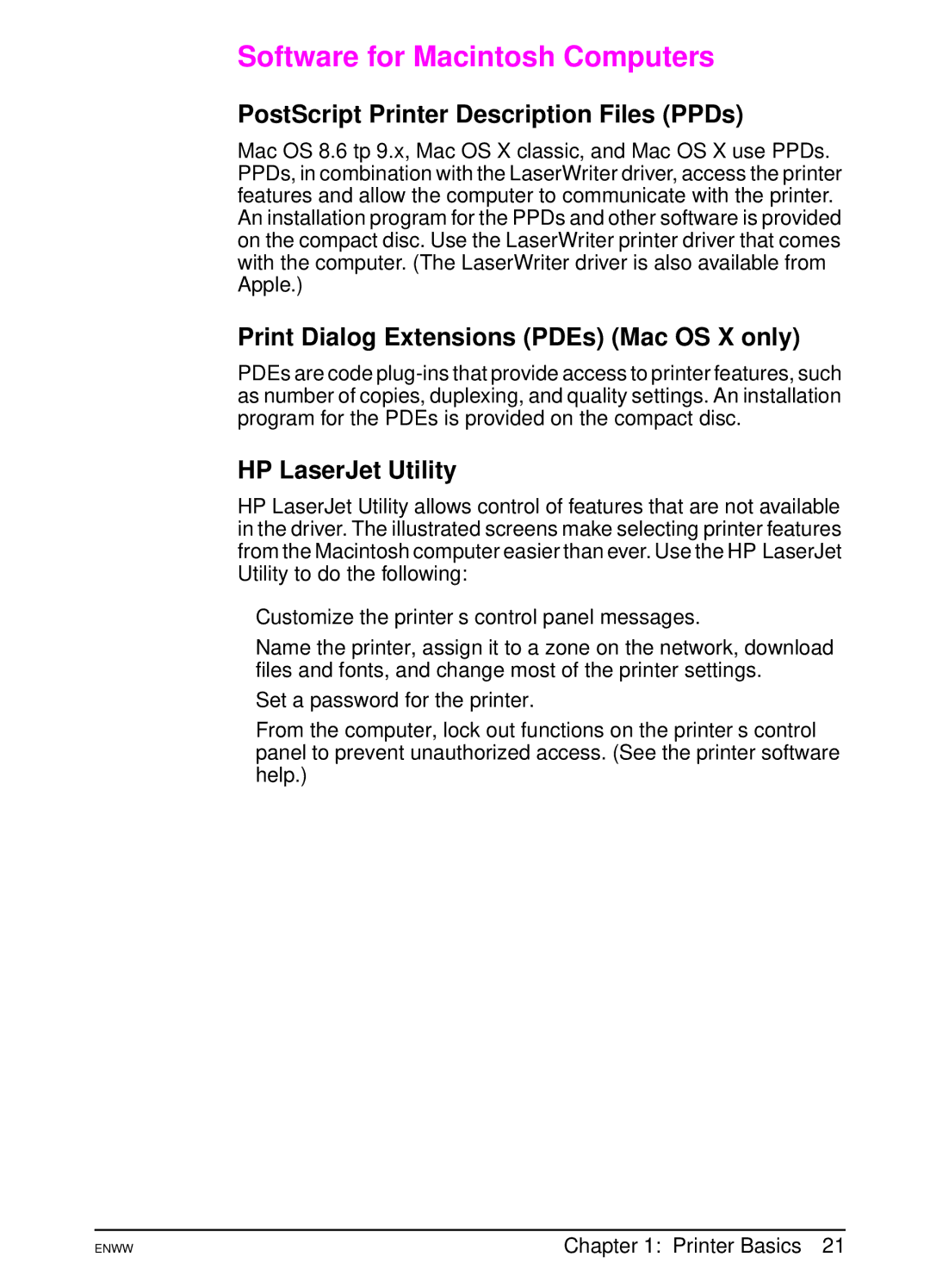 HP 5100tn, 5100dtn manual Software for Macintosh Computers, PostScript Printer Description Files PPDs, HP LaserJet Utility 