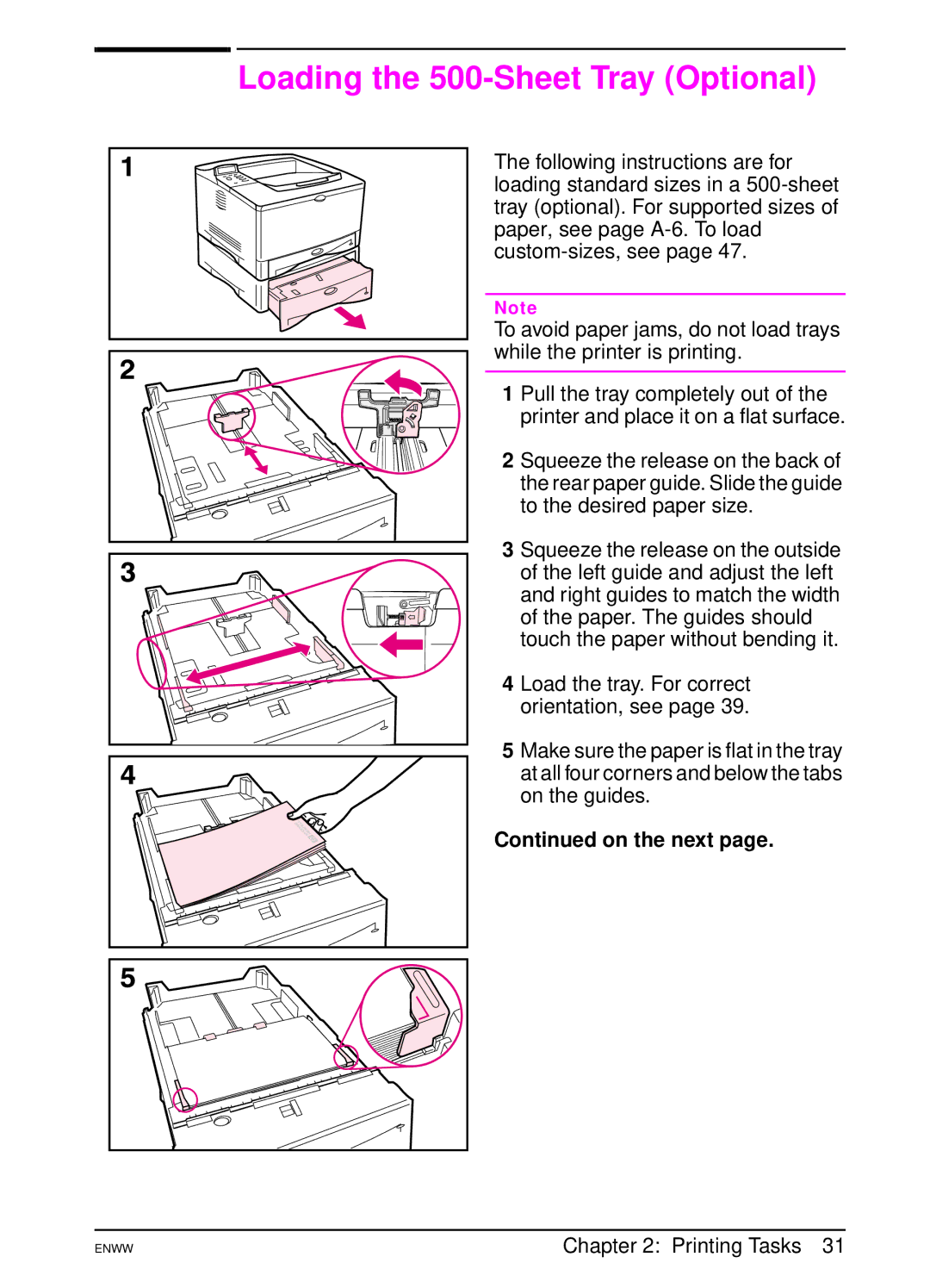 HP 5100tn, 5100dtn manual Loading the 500-Sheet Tray Optional 