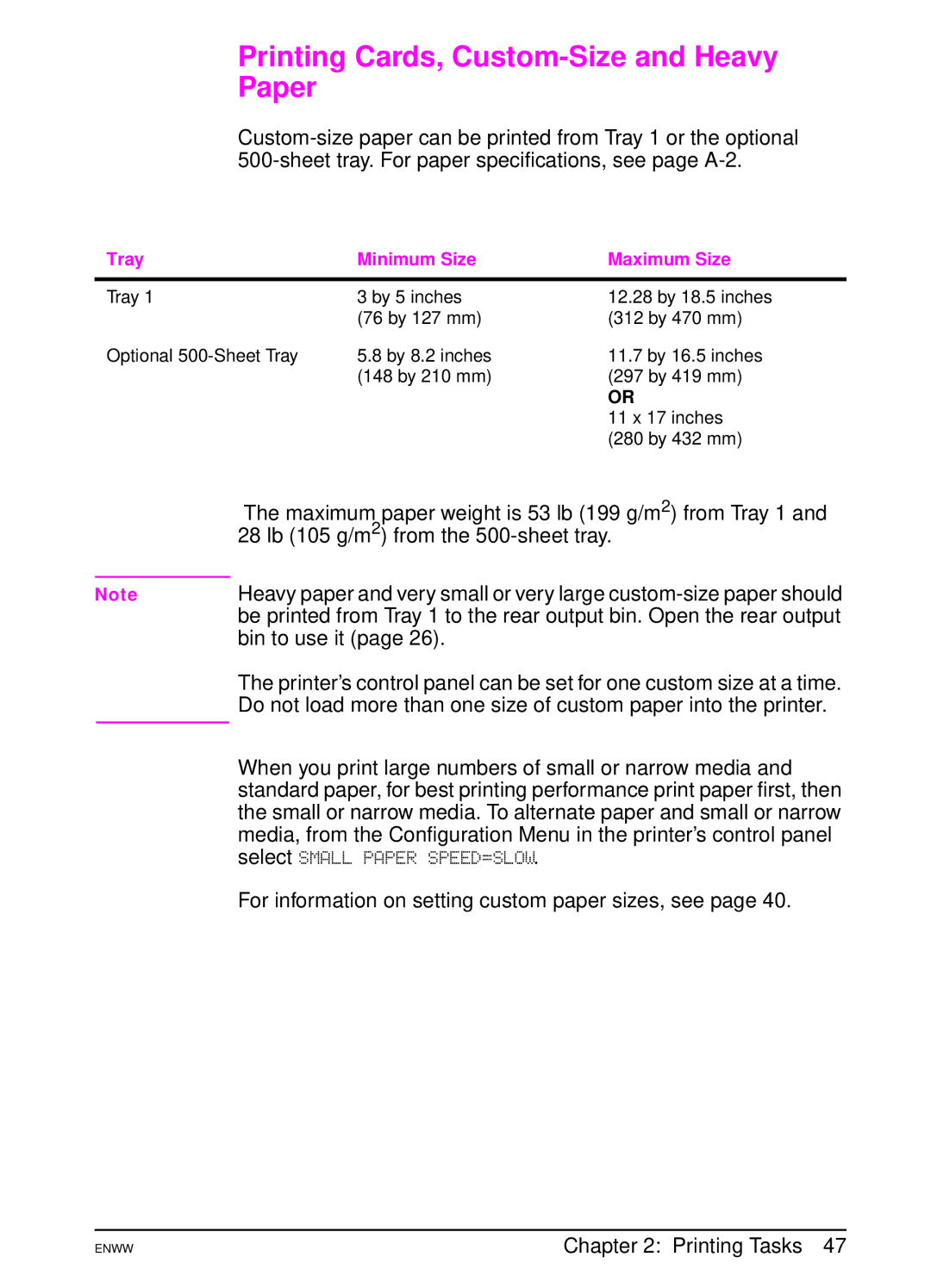 HP 5100tn, 5100dtn manual Printing Cards, Custom-Size and Heavy Paper 