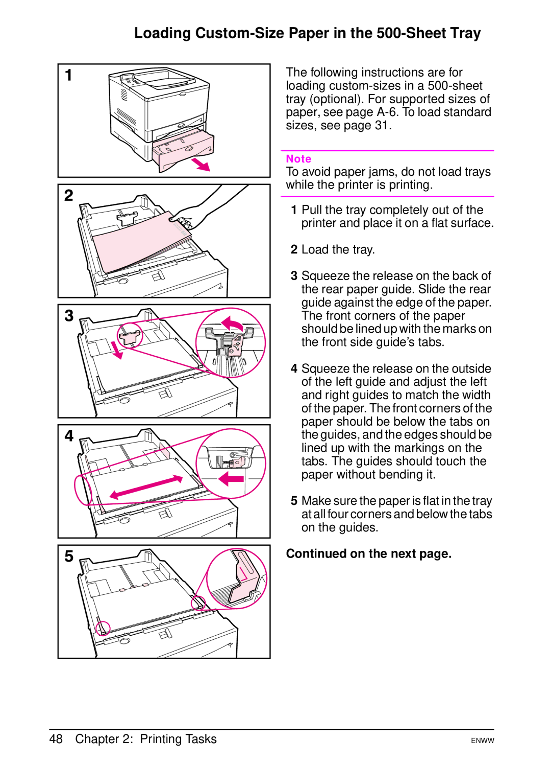 HP 5100dtn, 5100tn manual Loading Custom-Size Paper in the 500-Sheet Tray, Load the tray 