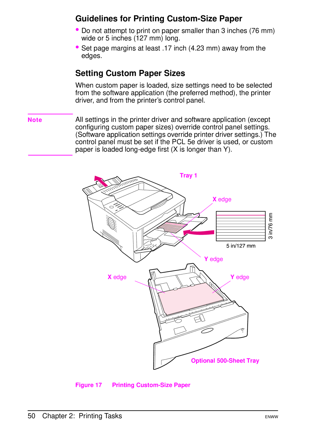 HP 5100dtn, 5100tn Guidelines for Printing Custom-Size Paper, Setting Custom Paper Sizes, Edge Optional 500-Sheet Tray 