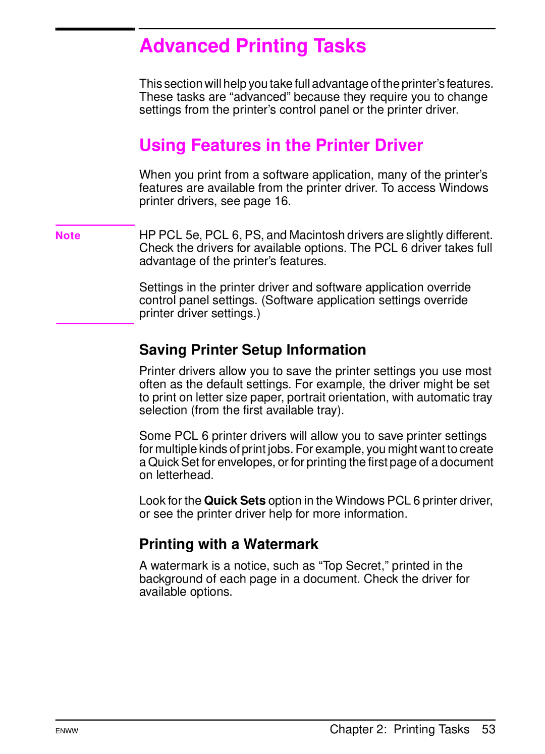 HP 5100tn, 5100dtn manual Advanced Printing Tasks, Using Features in the Printer Driver, Saving Printer Setup Information 