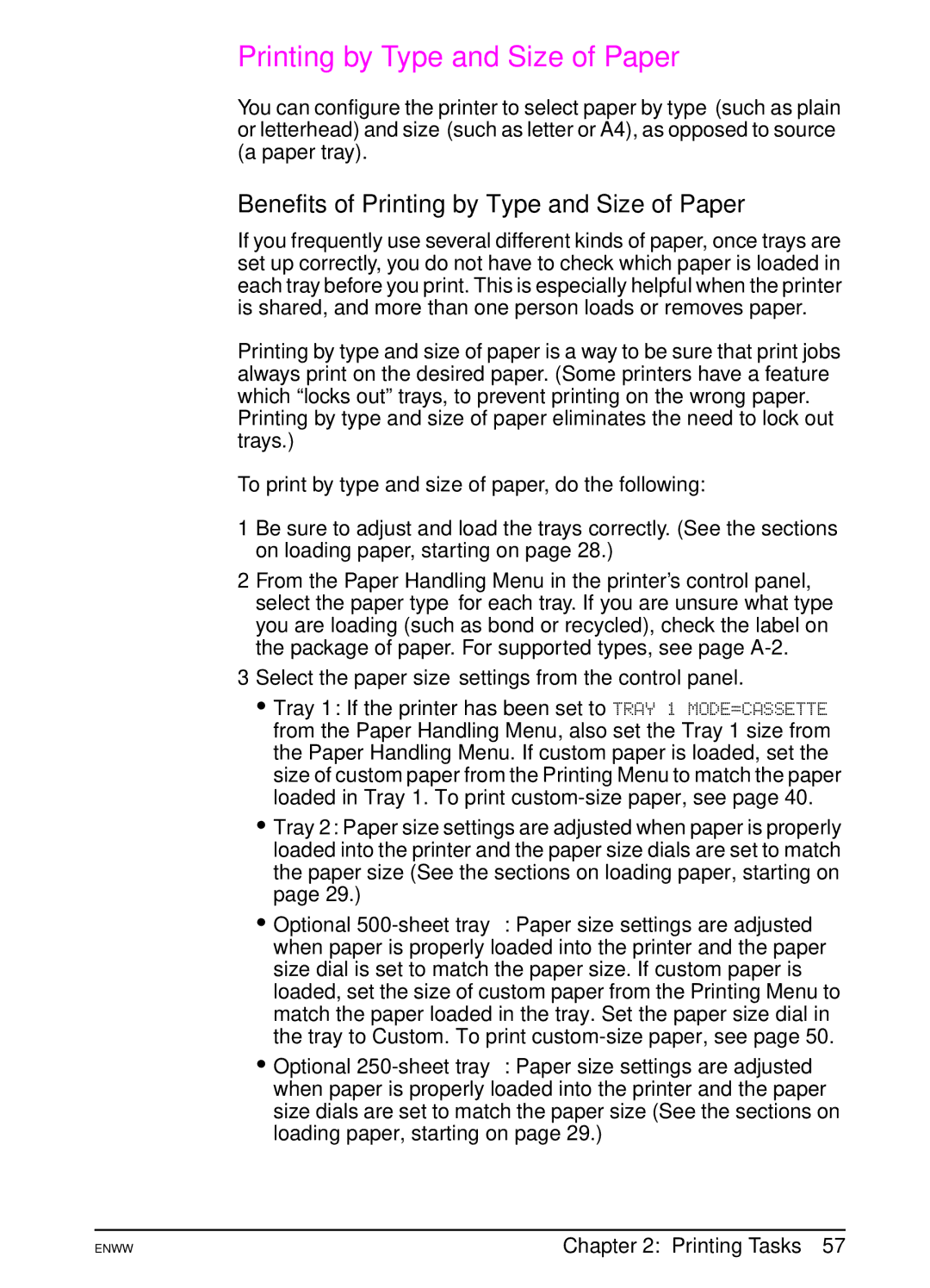 HP 5100tn manual Benefits of Printing by Type and Size of Paper, To print by type and size of paper, do the following 