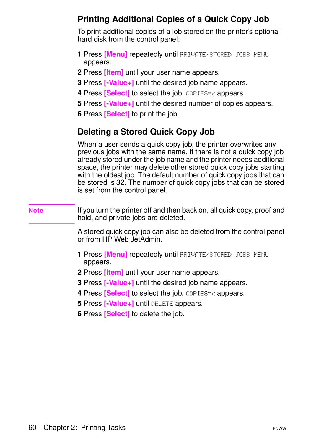 HP 5100dtn, 5100tn manual Printing Additional Copies of a Quick Copy Job, Deleting a Stored Quick Copy Job 