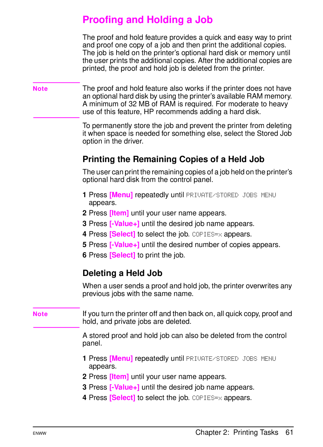 HP 5100tn, 5100dtn manual Proofing and Holding a Job, Printing the Remaining Copies of a Held Job, Deleting a Held Job 