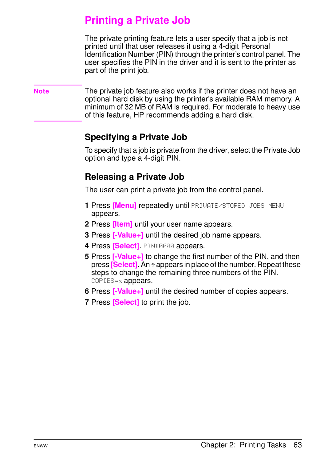 HP 5100tn, 5100dtn manual Printing a Private Job, Specifying a Private Job, Releasing a Private Job 