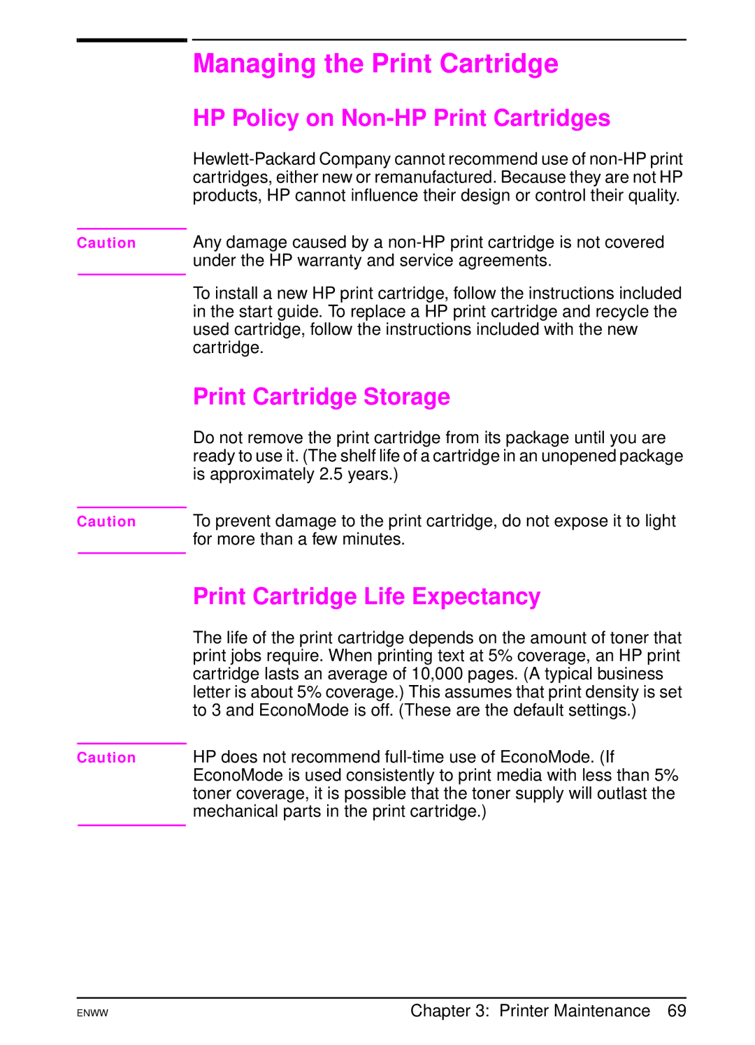 HP 5100tn, 5100dtn manual Managing the Print Cartridge, HP Policy on Non-HP Print Cartridges, Print Cartridge Storage 