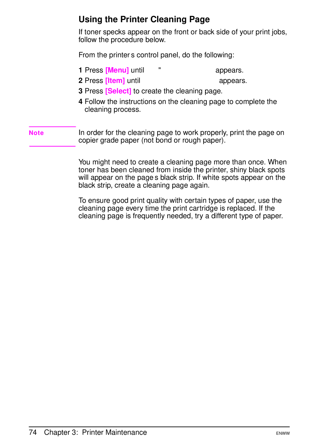 HP 5100dtn, 5100tn manual Using the Printer Cleaning, Press Item until Create Cleaning page appears 