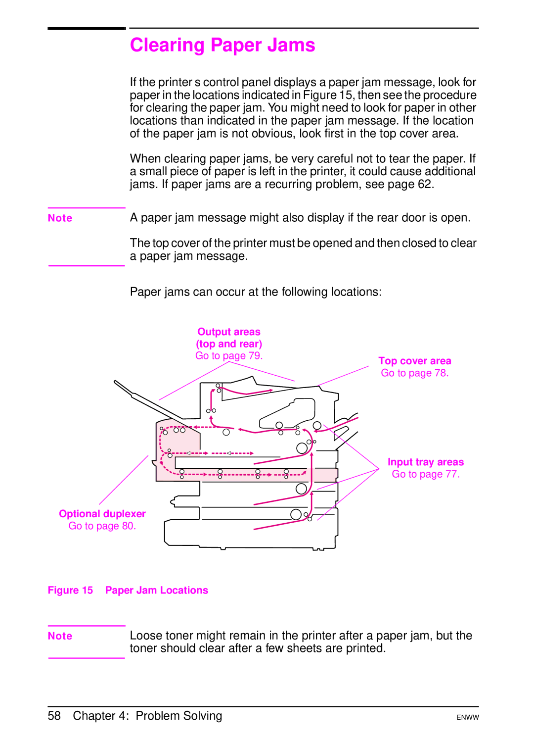 HP 5100dtn, 5100tn manual Clearing Paper Jams, Paper jam is not obvious, look first in the top cover area, Paper jam message 