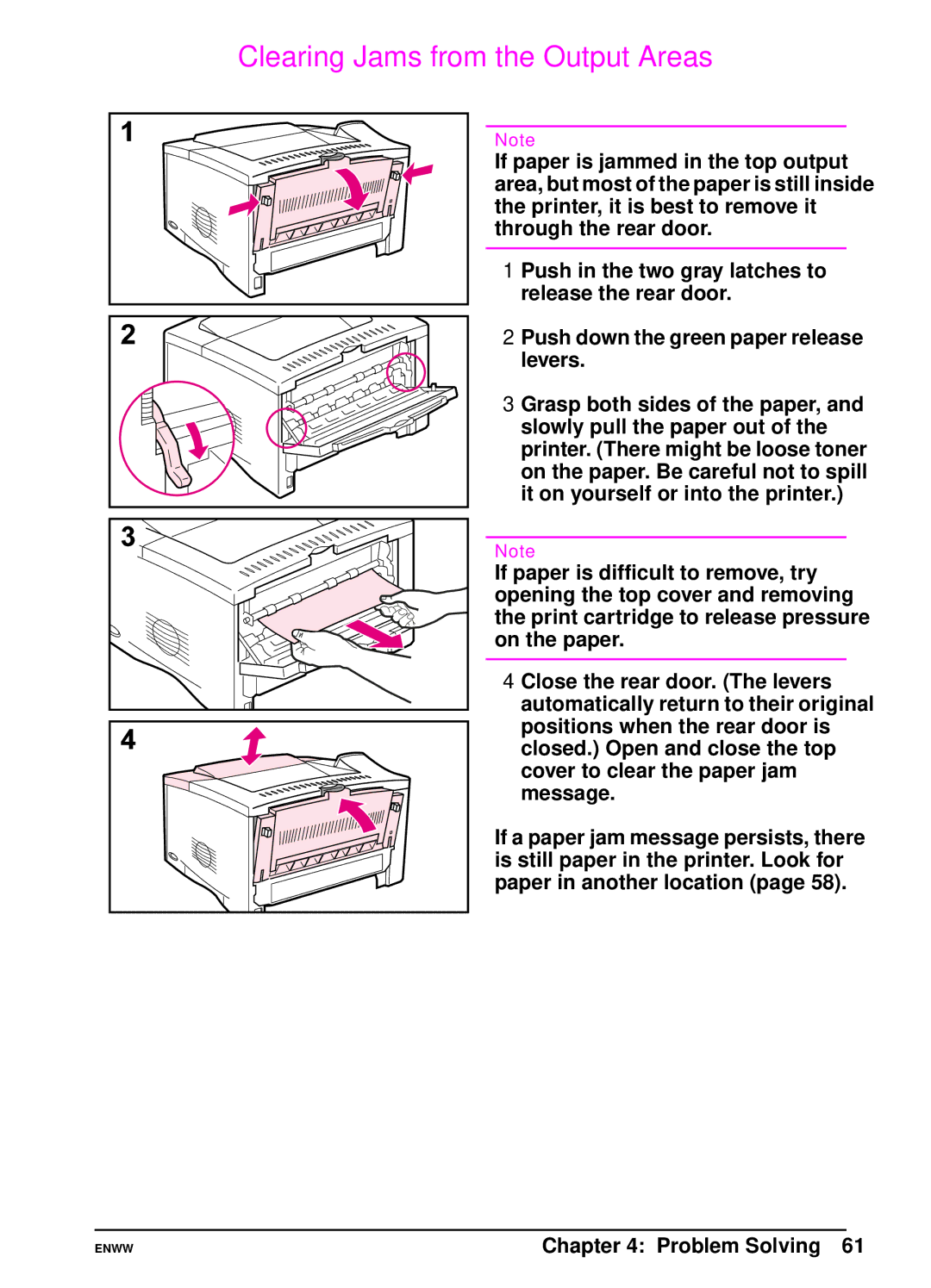 HP 5100tn, 5100dtn manual Clearing Jams from the Output Areas 