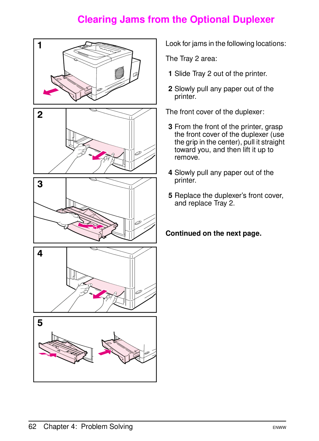 HP 5100dtn, 5100tn manual Clearing Jams from the Optional Duplexer, On the next 