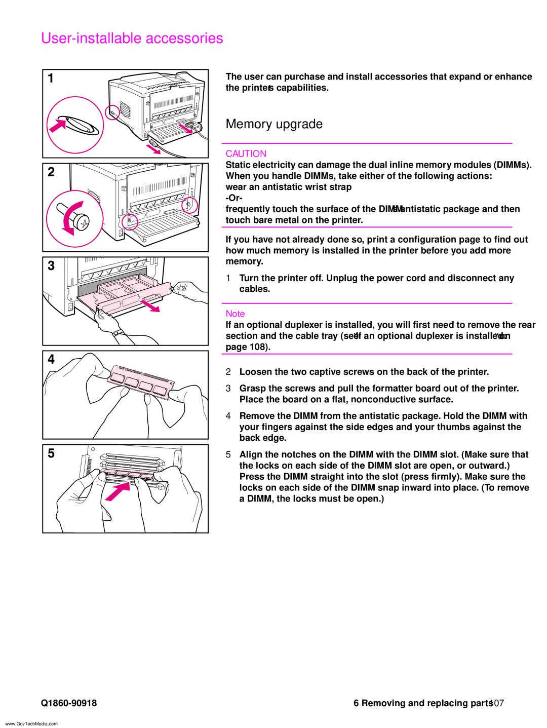 HP 5100LE manual User-installable accessories, Memory upgrade 