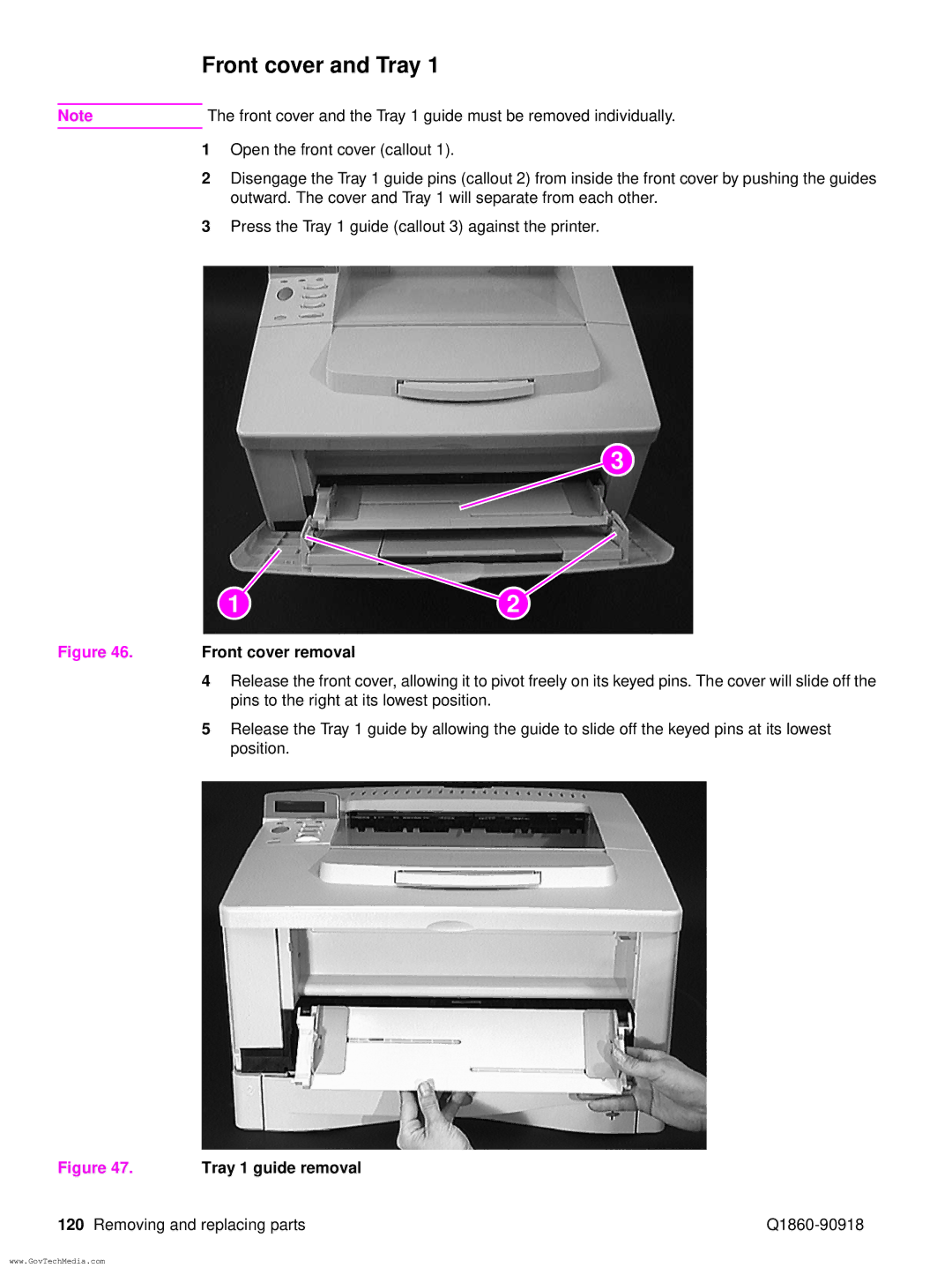 HP 5100LE manual Front cover and Tray, Front cover removal 