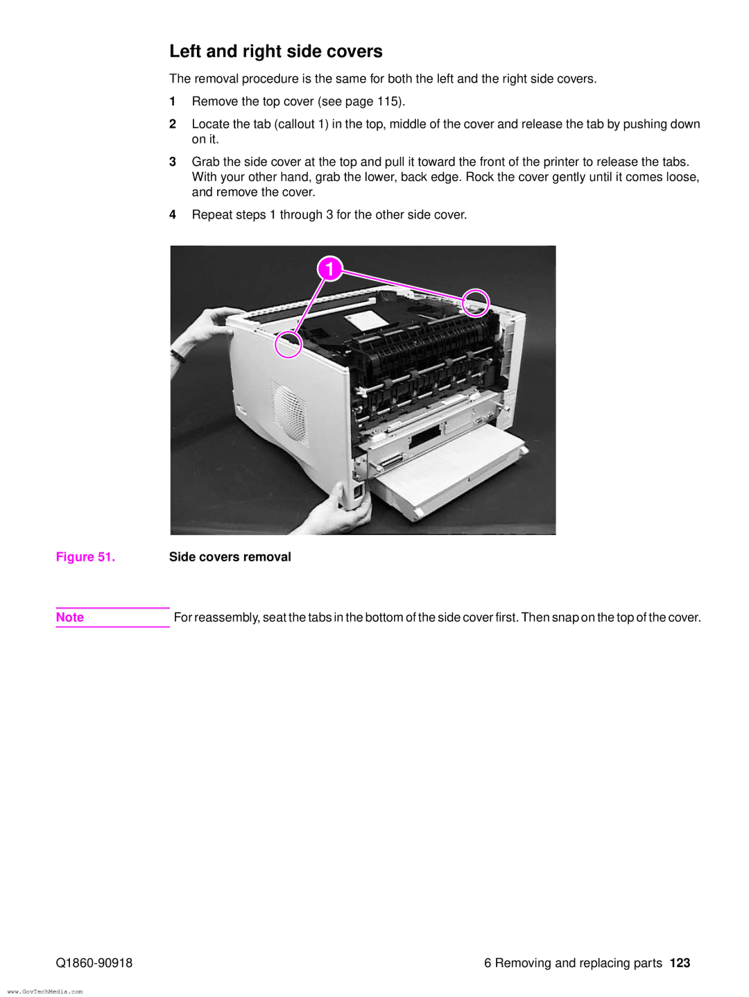 HP 5100LE manual Left and right side covers, Side covers removal 