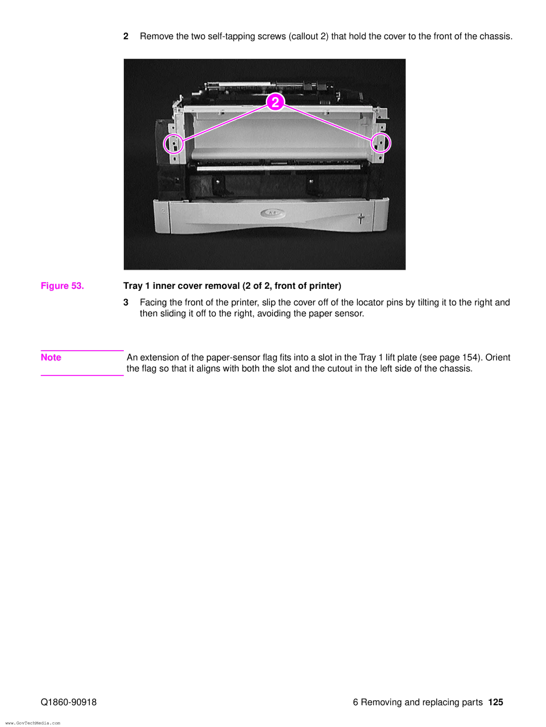 HP 5100LE manual Tray 1 inner cover removal 2 of 2, front of printer 