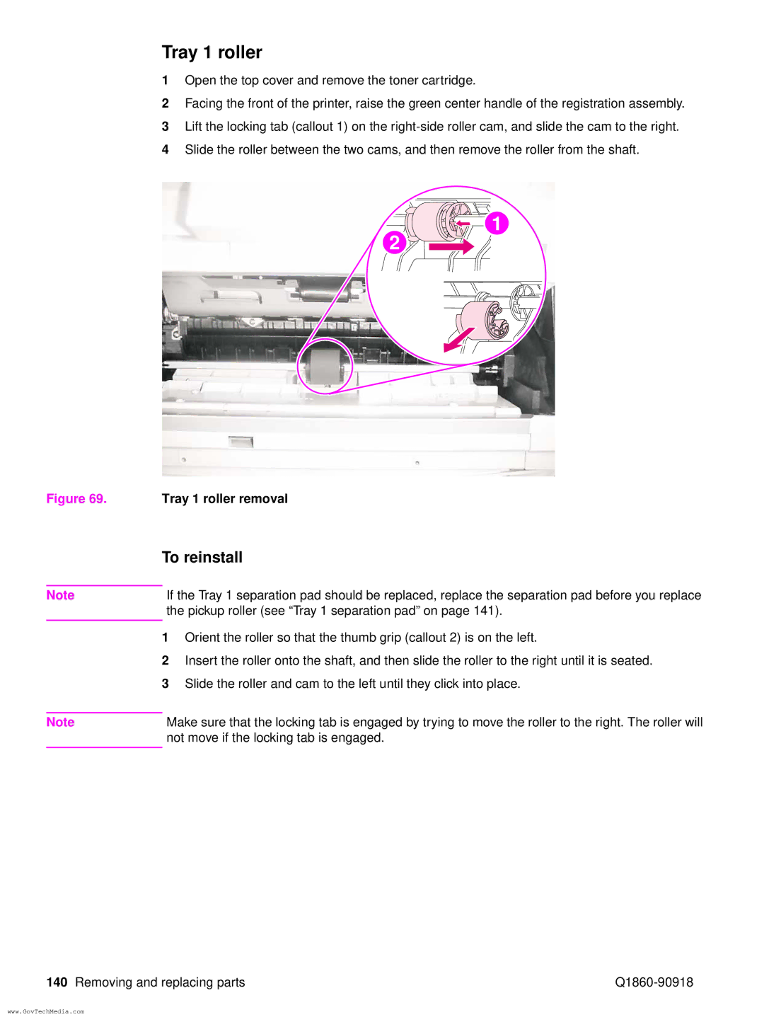 HP 5100LE manual Tray 1 roller removal 