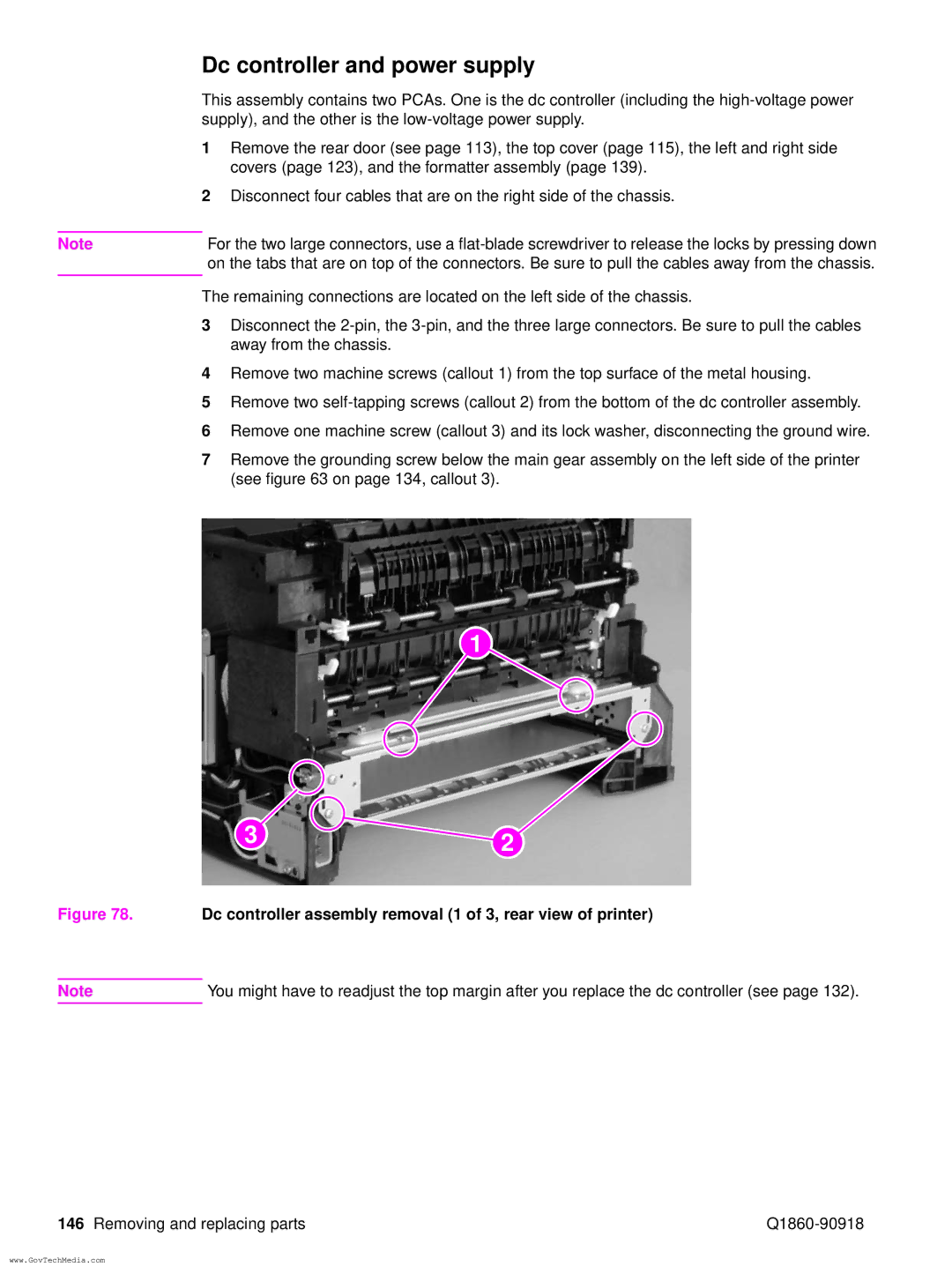 HP 5100LE manual Dc controller and power supply, Dc controller assembly removal 1 of 3, rear view of printer 