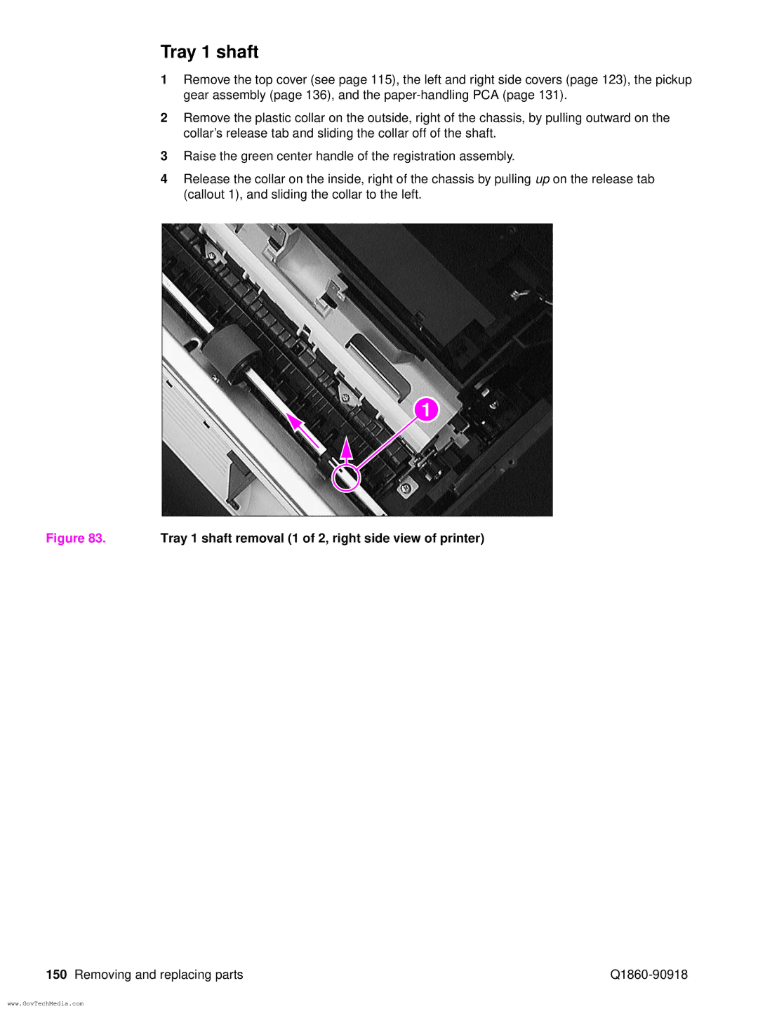 HP 5100LE manual Tray 1 shaft removal 1 of 2, right side view of printer 