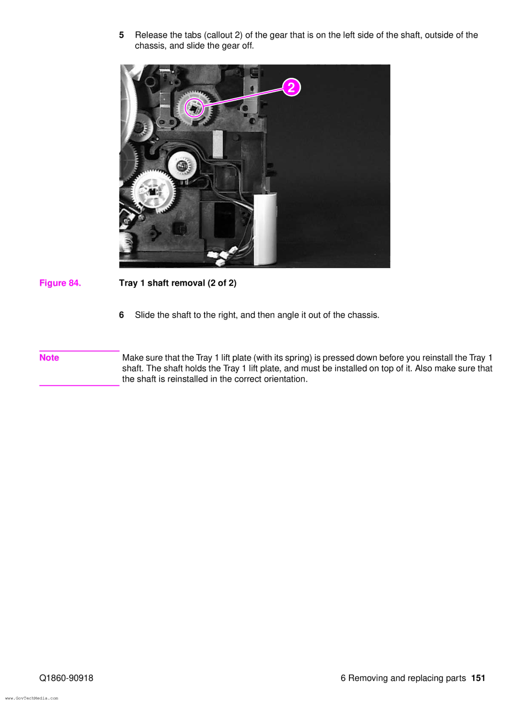 HP 5100LE manual Tray 1 shaft removal 2 