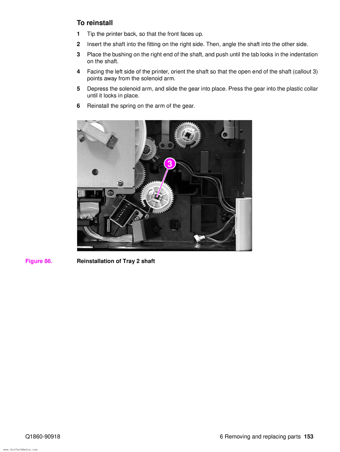 HP 5100LE manual Reinstallation of Tray 2 shaft 