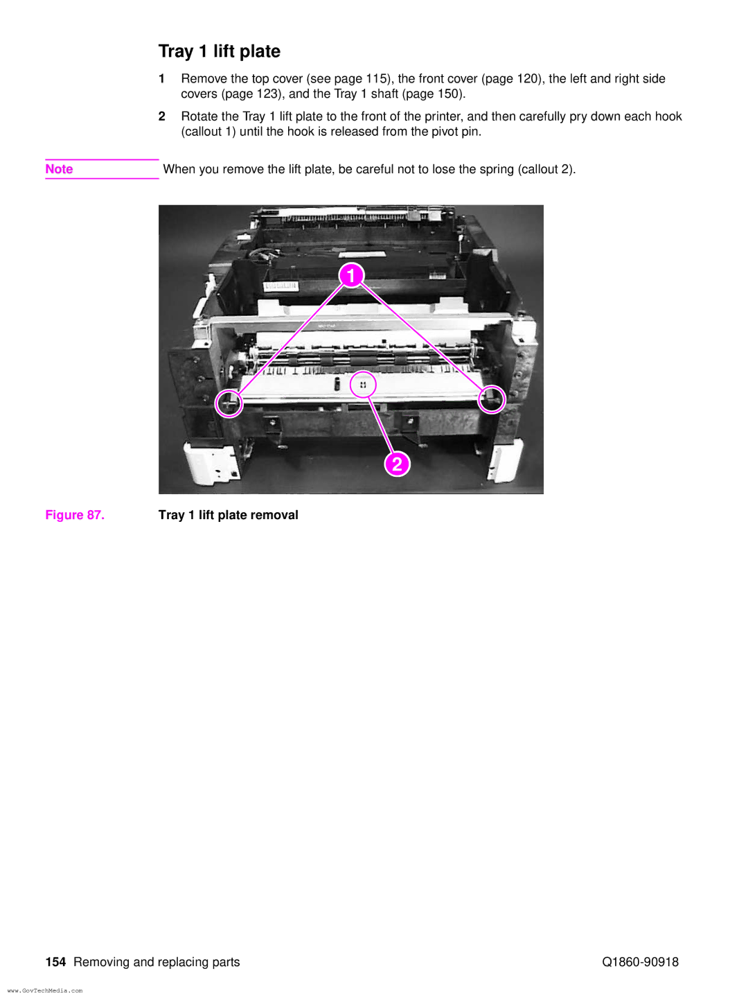 HP 5100LE manual Tray 1 lift plate removal 