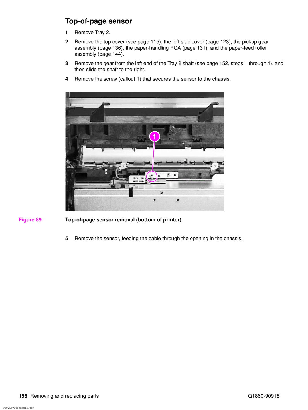 HP 5100LE manual Top-of-page sensor removal bottom of printer 