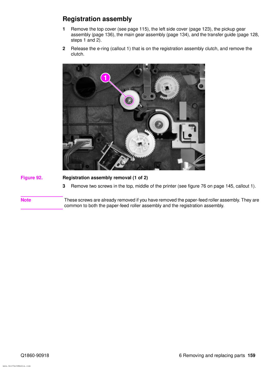 HP 5100LE manual Registration assembly removal 1 