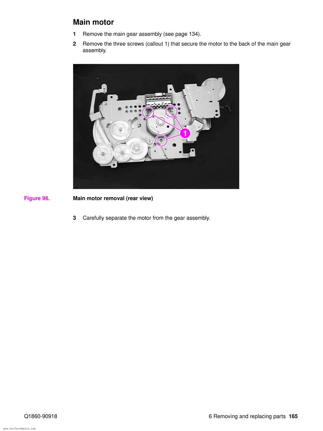 HP 5100LE manual Main motor removal rear view 