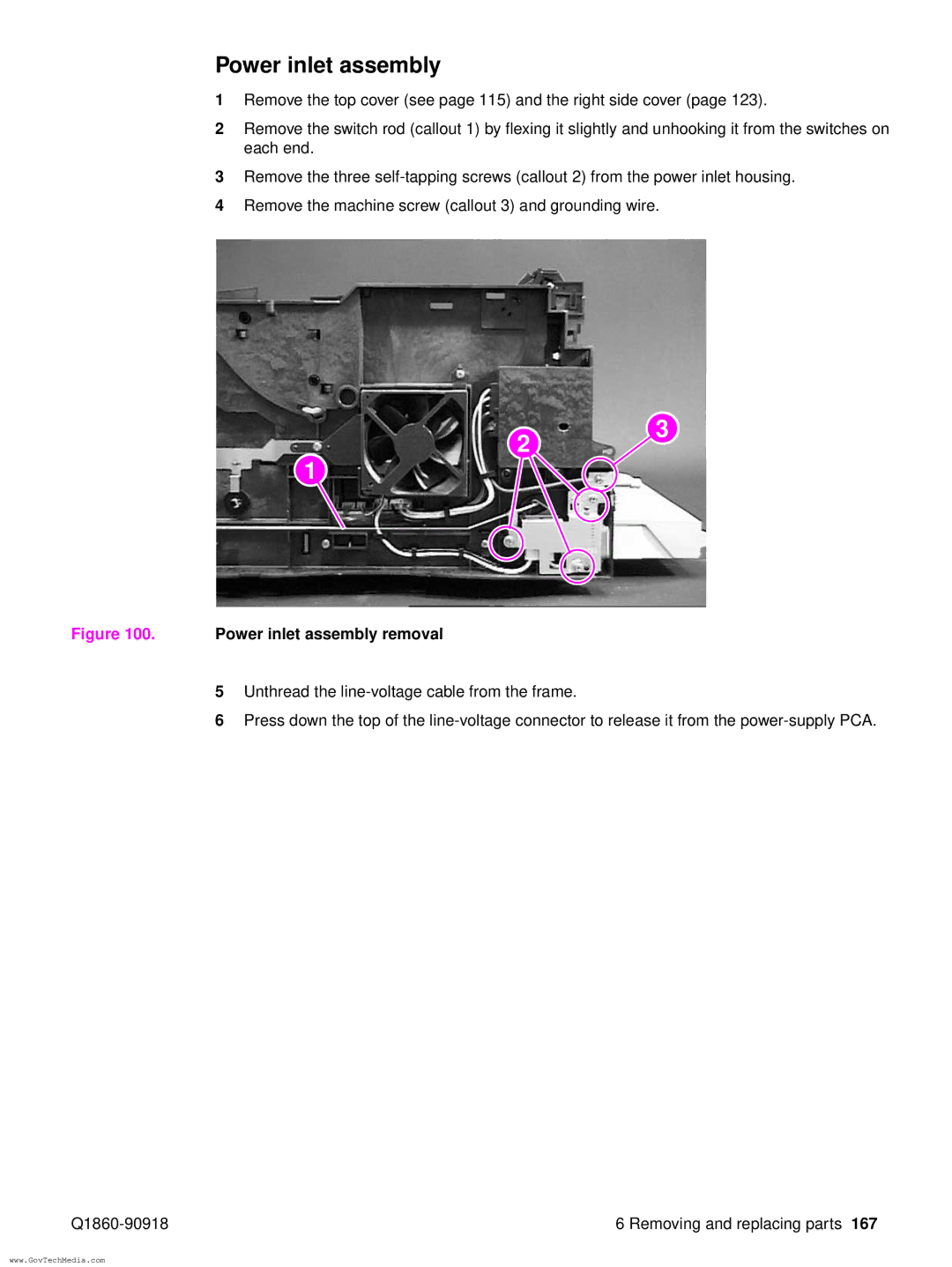 HP 5100LE manual Power inlet assembly removal 