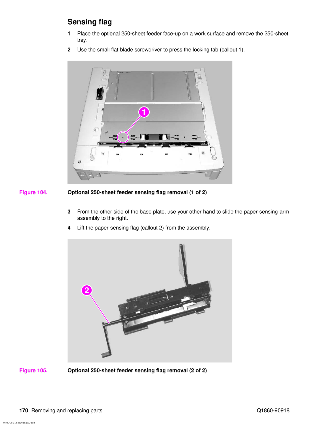 HP 5100LE manual Sensing flag, Optional 250-sheet feeder sensing flag removal 1 