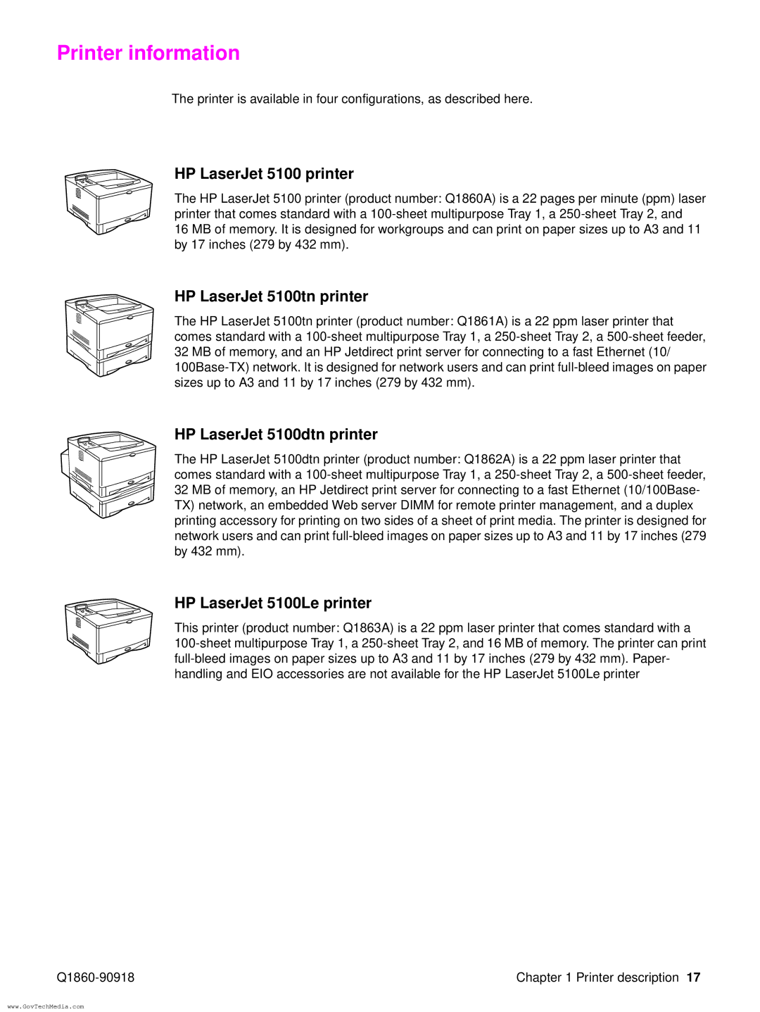 HP 5100LE manual Printer information, HP LaserJet 5100 printer, HP LaserJet 5100tn printer, HP LaserJet 5100dtn printer 