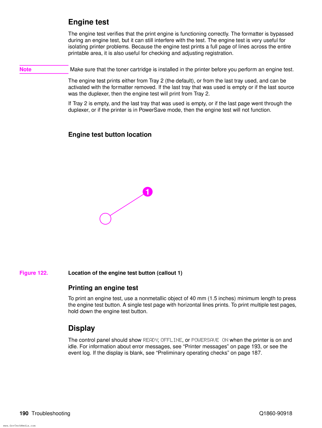 HP 5100LE manual Display, Engine test button location, Printing an engine test 
