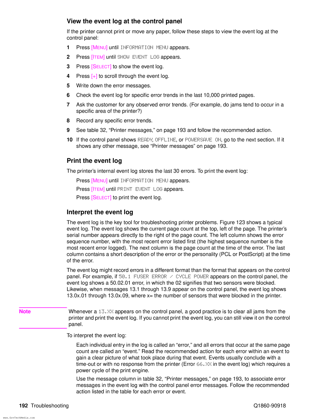 HP 5100LE manual View the event log at the control panel, Print the event log, Interpret the event log 