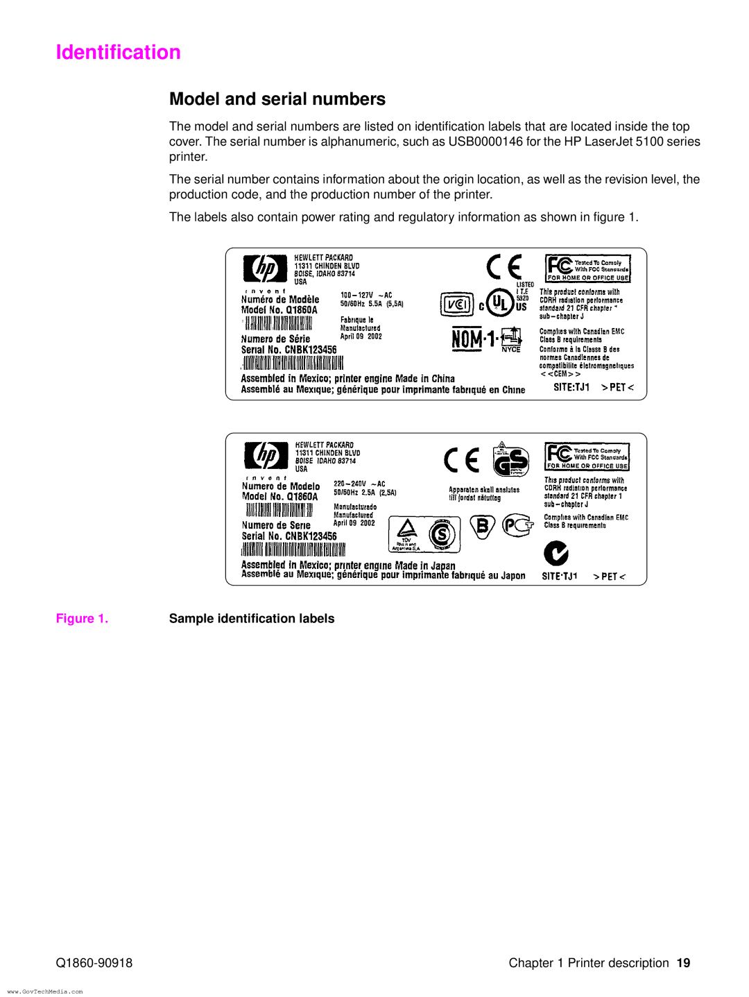 HP 5100LE manual Identification, Model and serial numbers 