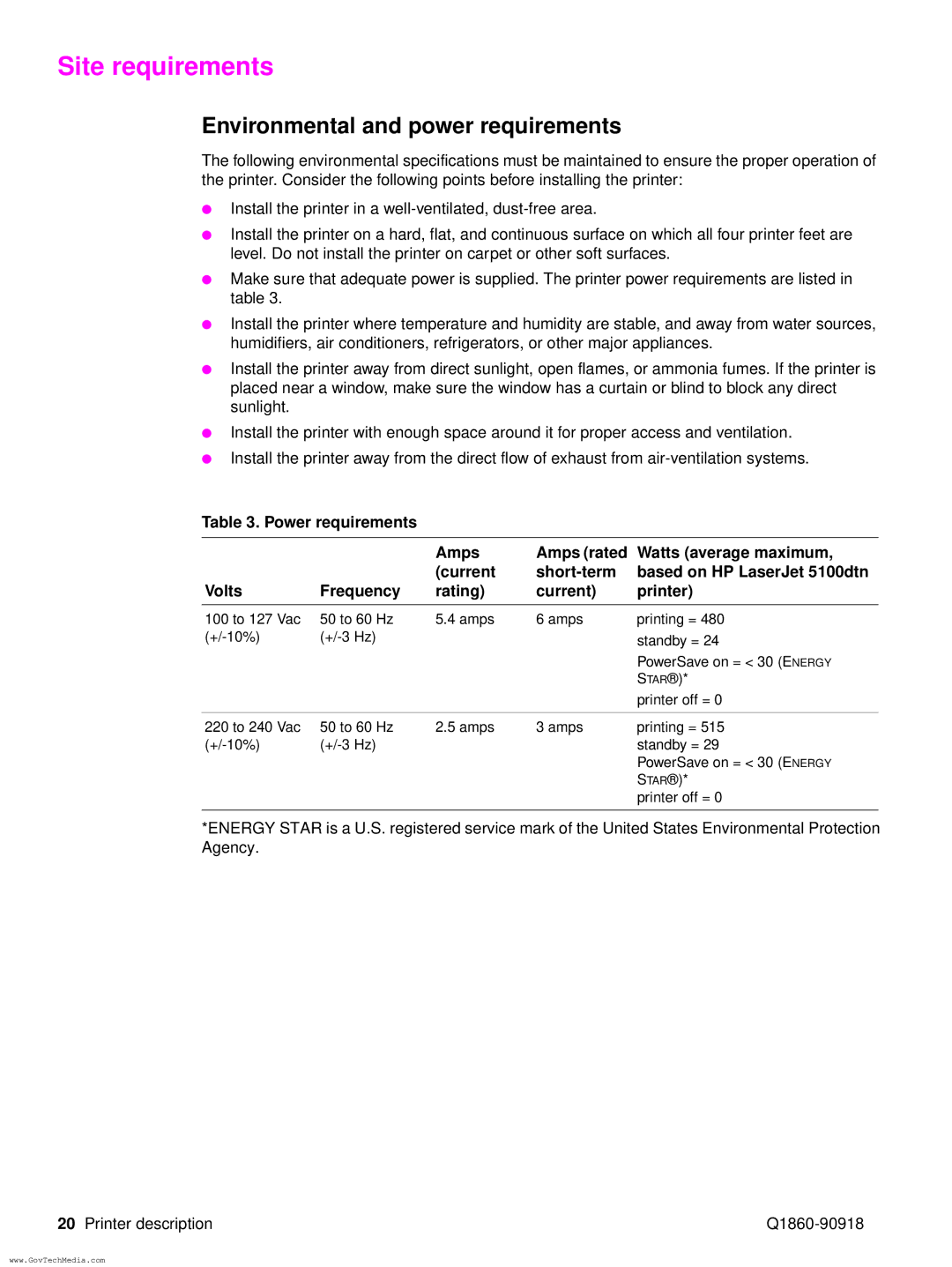 HP 5100LE manual Site requirements, Environmental and power requirements 