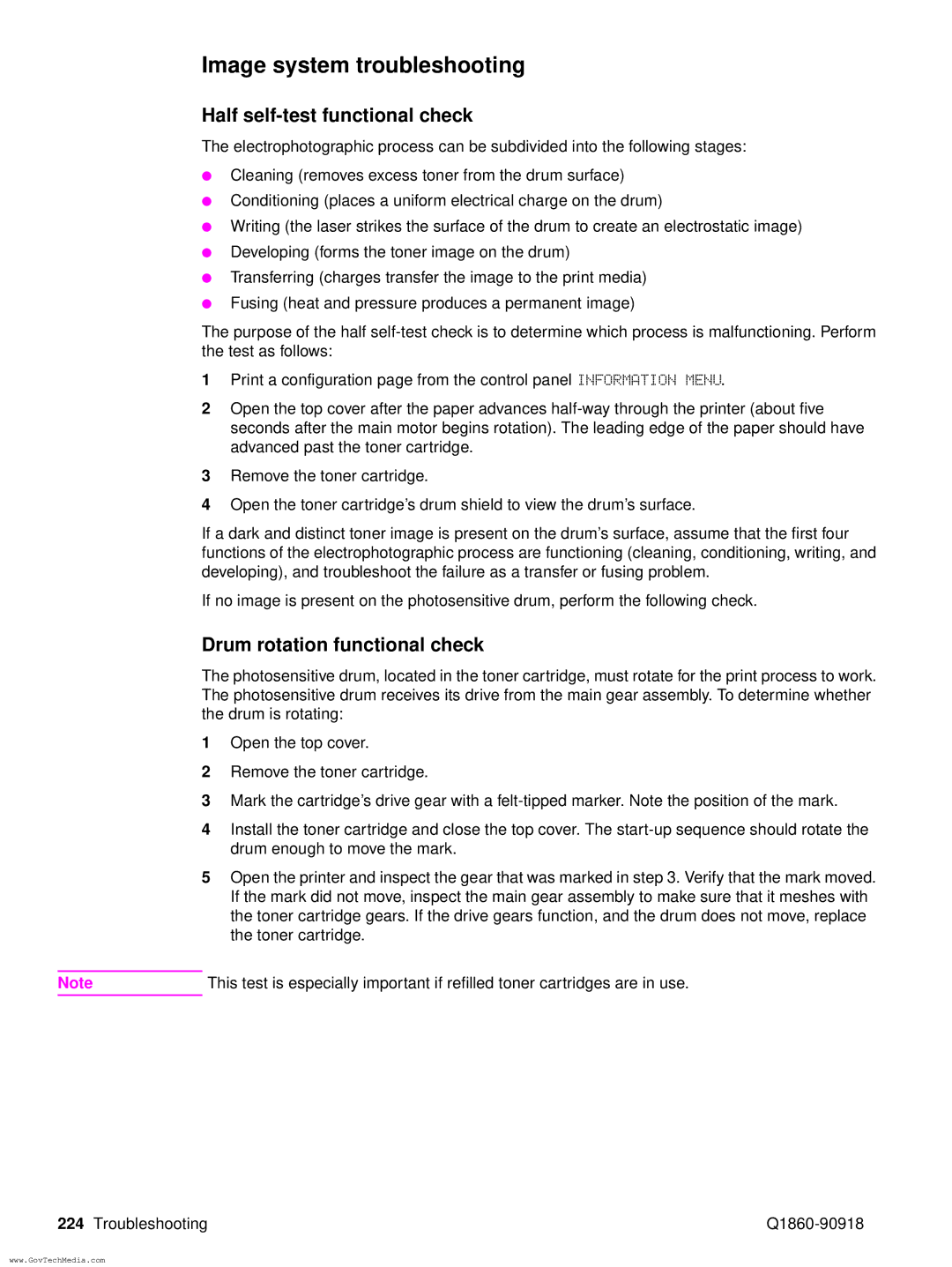 HP 5100LE manual Image system troubleshooting, Half self-test functional check, Drum rotation functional check 