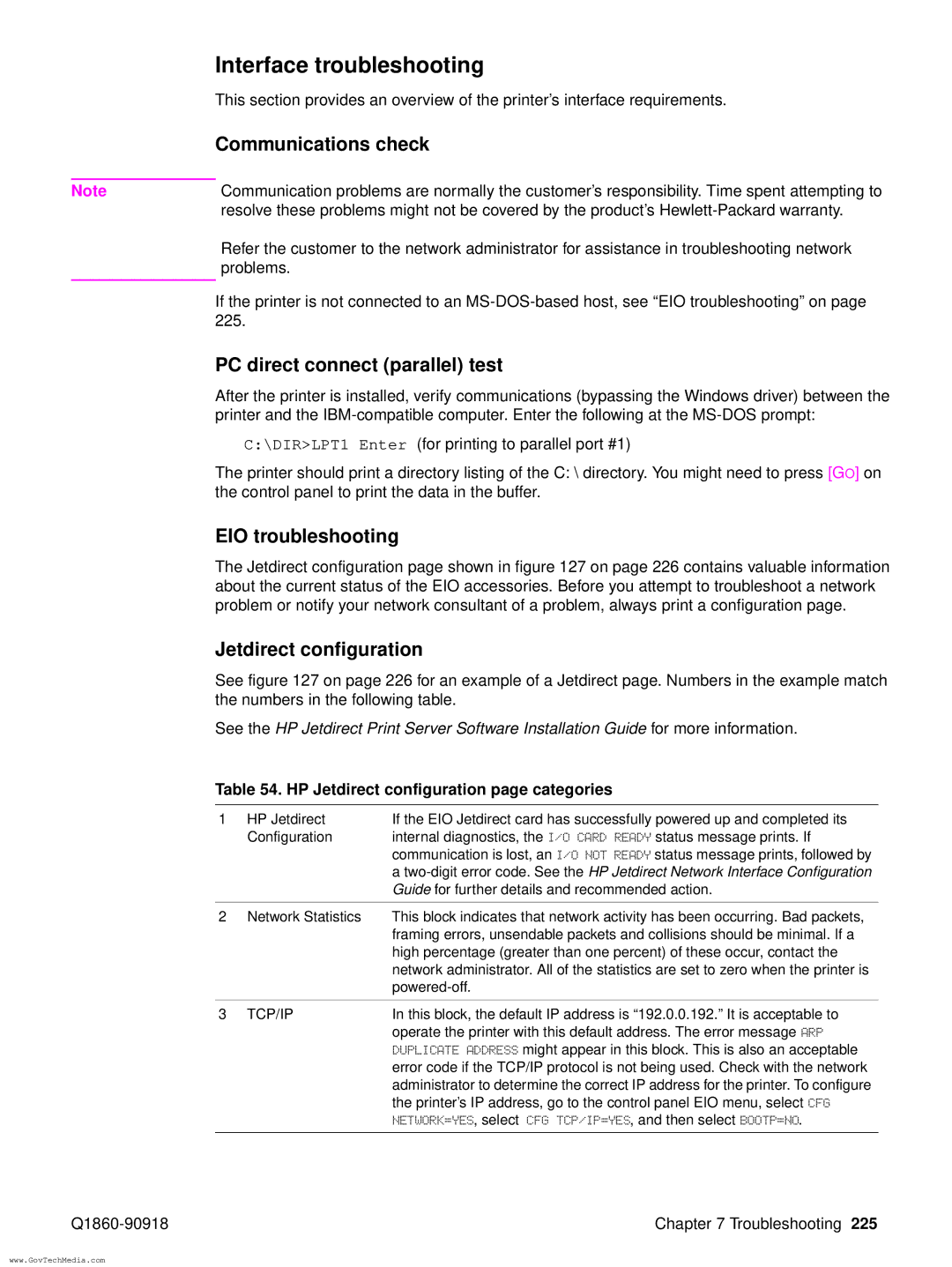 HP 5100LE manual Interface troubleshooting, Communications check, PC direct connect parallel test, EIO troubleshooting 