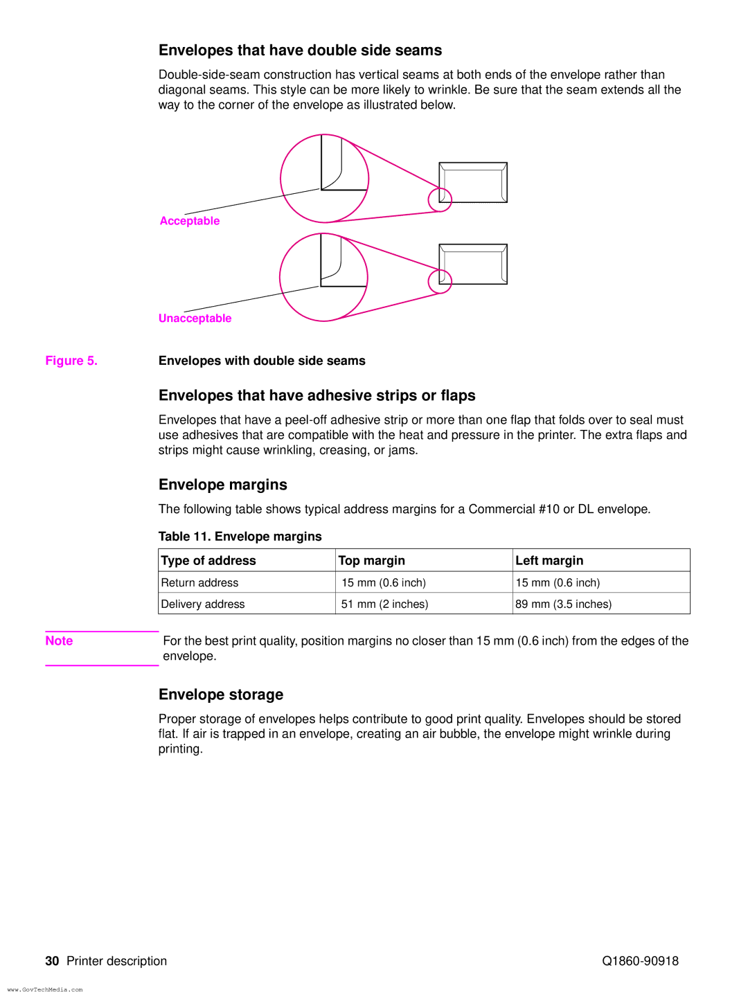 HP 5100LE manual Envelopes that have double side seams, Envelopes that have adhesive strips or flaps, Envelope margins 