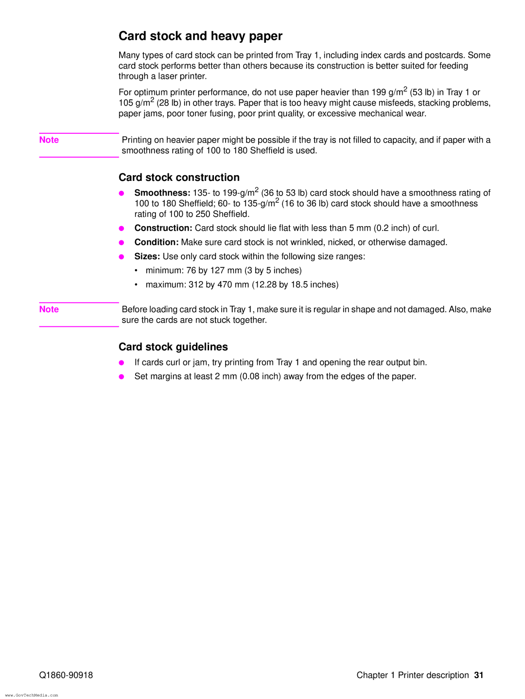 HP 5100LE manual Card stock and heavy paper, Card stock construction, Card stock guidelines 