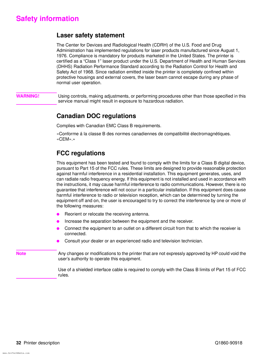 HP 5100LE manual Safety information, Laser safety statement, Canadian DOC regulations, FCC regulations 