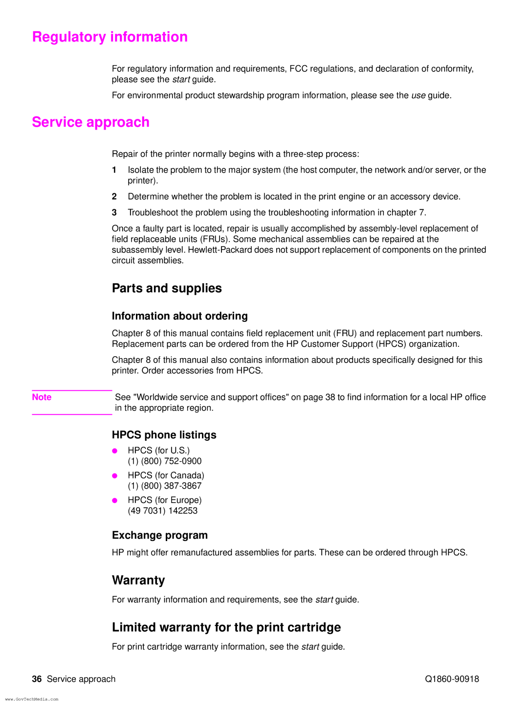 HP 5100LE Regulatory information, Service approach, Parts and supplies, Warranty, Limited warranty for the print cartridge 