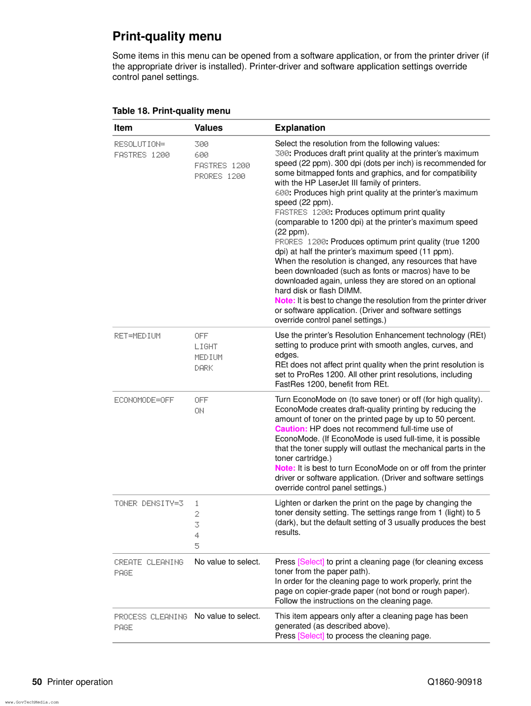 HP 5100LE manual Print-quality menu Values Explanation 