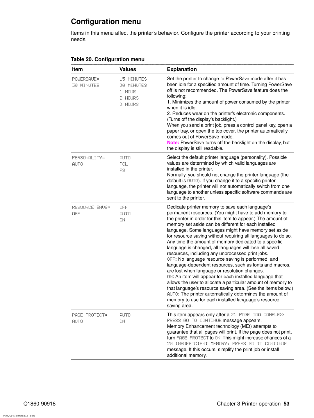 HP 5100LE manual Configuration menu Values Explanation 