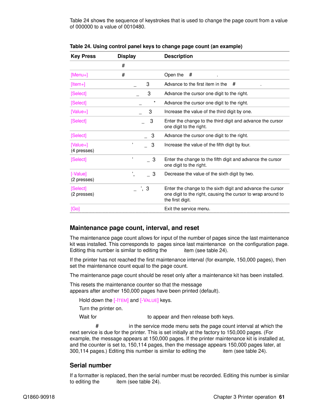 HP 5100LE manual Maintenance page count, interval, and reset, Serial number, Service Mode, Service Menu 